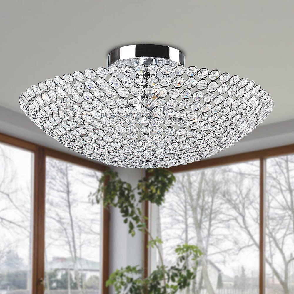 3-light Chrome Bowl-shaped Crystal Flush Mount