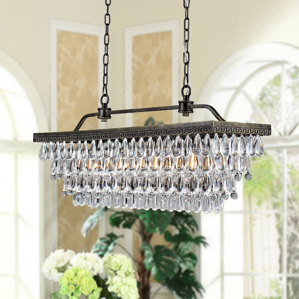 Antique Copper 4 light Rectangular Crystal Chandelier