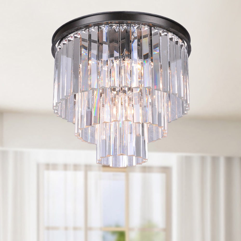 5-light Crystal Glass Prism 3-tier Flush Mount Antique Black Chandelier