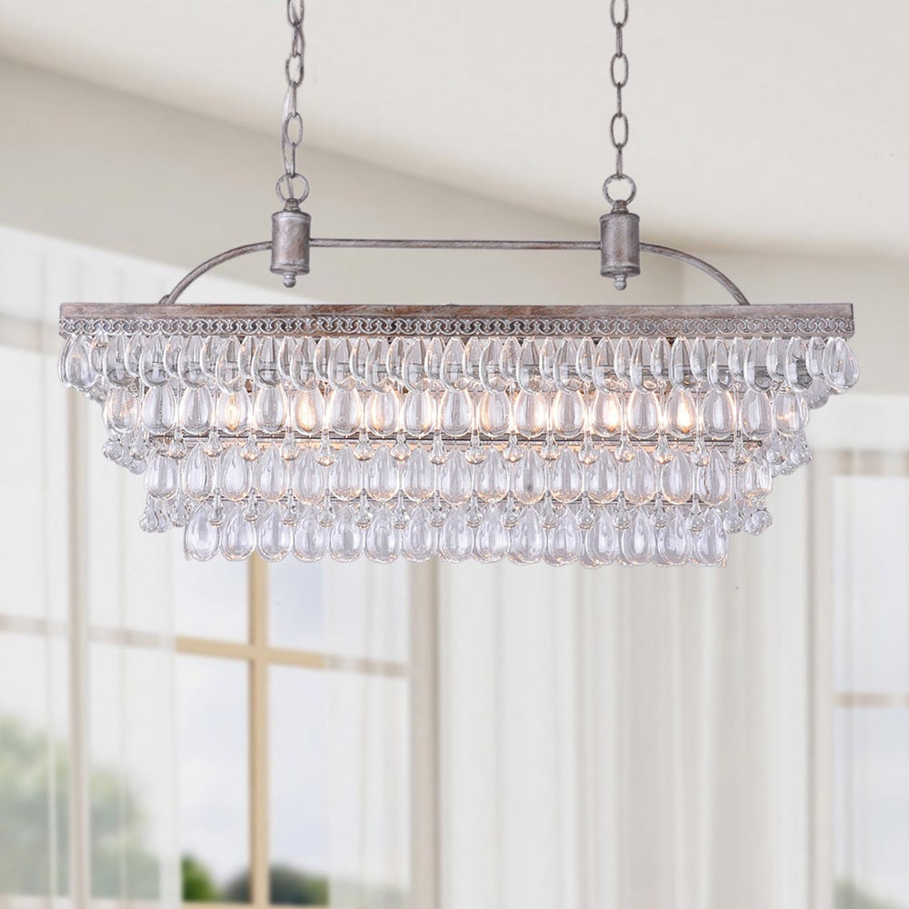 Antique Silver 6-light Rectangular Glass Droplets Chandelier